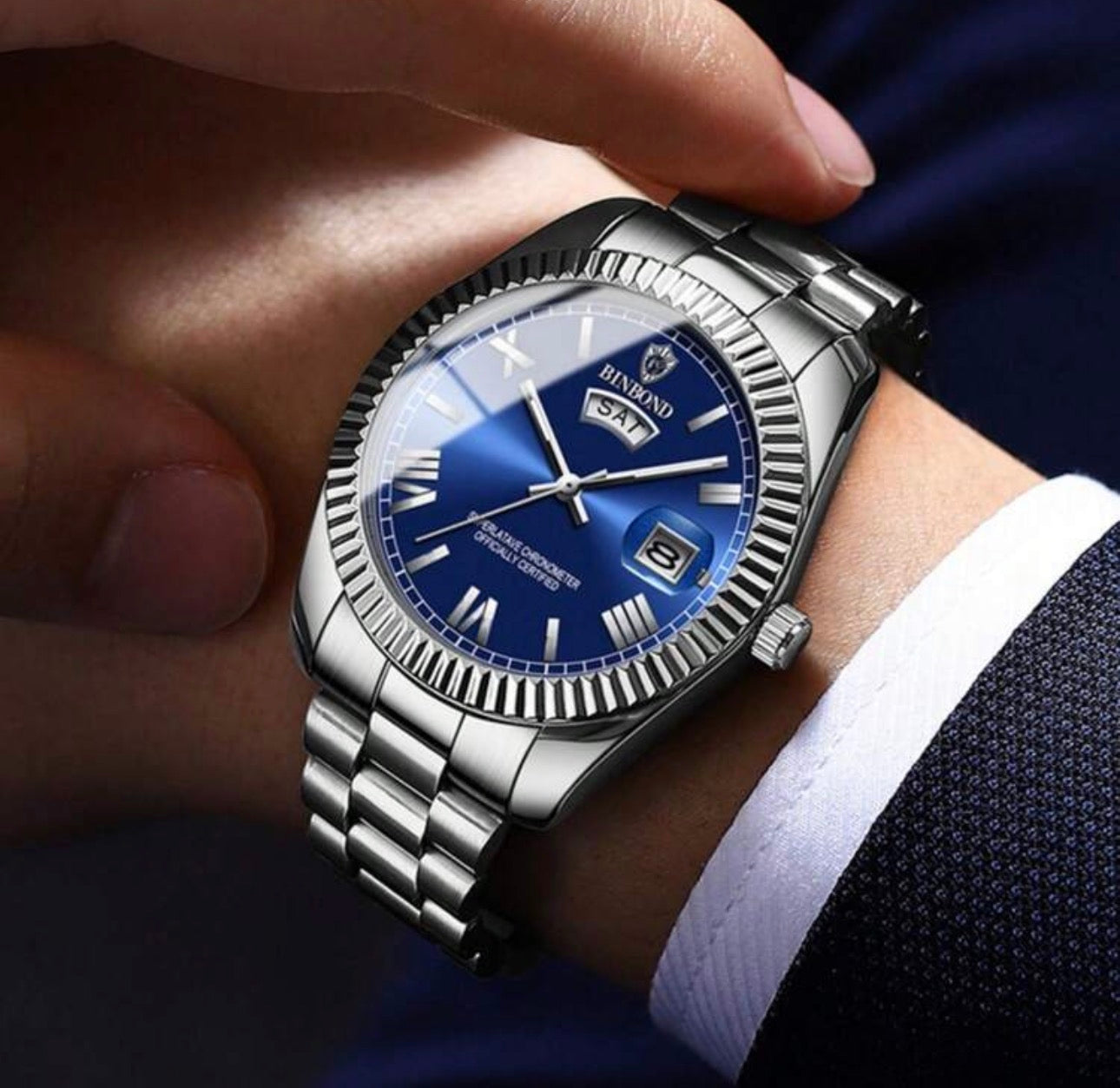 Men’s Luxury Pearlescent Blue & Silver Wrist Watch